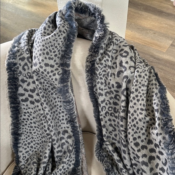 Luxury Gray Blue Cashmere Reversible Leopard Paisley Print Rabbit Fur Scarf Wrap - Picture 4 of 12